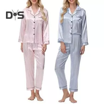 Женский комплект пижамы из 2 предметов из шелкового атласа, топ с пуговицами на лацканах и брюки, свободная рубашка в полоску и брюки с эластичным поясом, одежда для отдыха S синий
