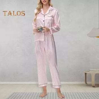 Женский комплект пижамы из 2 предметов из шелкового атласа, топ с пуговицами на лацканах и брюки, свободная рубашка в полоску и брюки с эластичным поясом, одежда для отдыха S синий