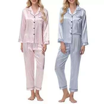 Женский комплект пижамы из 2 предметов из шелкового атласа, топ с пуговицами на лацканах и брюки, свободная рубашка в полоску и брюки с эластичным поясом, одежда для отдыха S синий