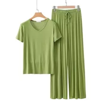 Женский комплект пижамы из 2 предметов, повседневный, с V-образным вырезом, с короткими рукавами, пуловер, комплект брюк с широкими штанинами, летние наряды для отдыха M