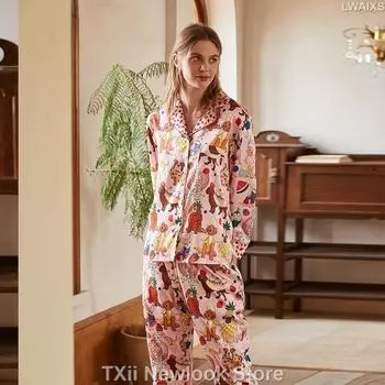 Женский комплект пижамы из искусственного шелка на осень и зиму с длинными рукавами и брюками с отворотом, мягкая домашняя одежда M