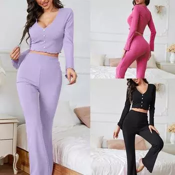 Женский комплект пижамы, повседневный топ с длинными рукавами, V-образным вырезом и эластичными брюками, осенняя удобная однотонная домашняя одежда, комплект из 2 предметов пижамы S розы красного