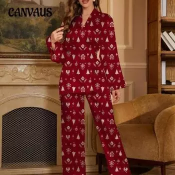 Женский комплект пижамы с длинными рукавами и принтом рождественской елки больших размеров S красный