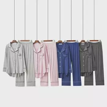 Женский комплект пижамы с длинными рукавами и лацканами - весна/осень, два предмета, свободный крой светло-серый