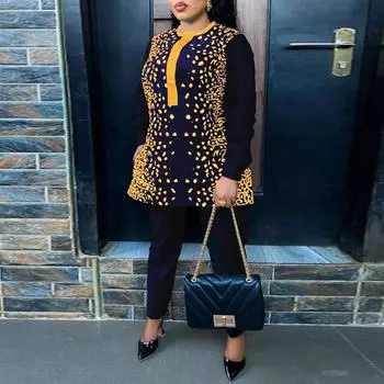 Женский комплект плюс размер с круглым вырезом и длинным рукавом с принтом, однотонный свободный комплект с длинными брюками M ярко-розовый