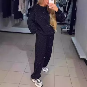 Женский комплект, полный комплект, горячая ромбовидная повседневная толстовка с круглым вырезом, длинными рукавами и завязками на штанинах L абрикосовый