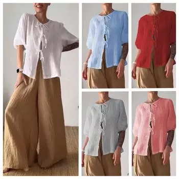 Женский комплект, повседневная однотонная рубашка со средними рукавами и круглым вырезом на шнуровке, широкие брюки с высокой талией, комплект из двух предметов 4XL чёрный