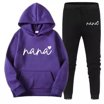 Женский комплект повседневной одежды из двух предметов с принтом NANA, мягкий, микроэластичный полиэстеровый свитшот с круглым вырезом и спортивные штаны для женщин S