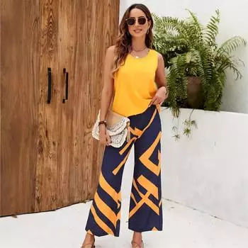 Женский комплект, повседневный однотонный жилет без рукавов с круглым вырезом, брюки с геометрическим принтом, комплект из двух предметов L жёлтый