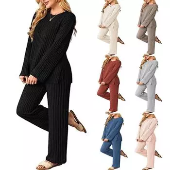 Женский комплект повседневный с длинным рукавом круглый вырез круглый вырез разрез ямка топ свободные прямые брюки L абрикосовый