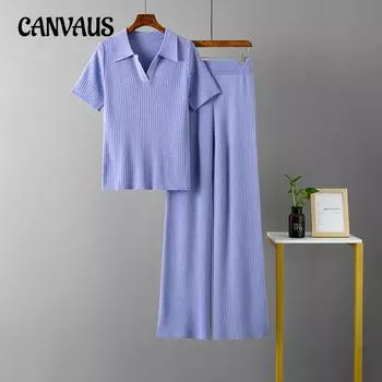 Женский комплект, пуловер с воротником поло, топ с короткими рукавами, тонкая однотонная футболка, широкие брюки, вязаный модный комплект One Size фиолетовый