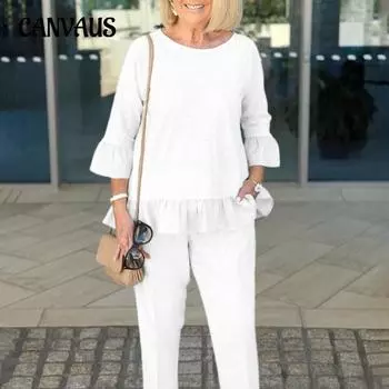 Женский комплект рубашки с круглым вырезом больших размеров, свободные девять брюк, повседневный модный винтажный брючный костюм с девятью десятыми