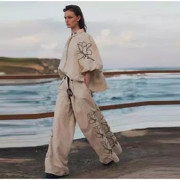 Женский комплект с брюками и принтом, комплект из рубашки с рукавами-фонариками и воротником-стойкой, комплект из плиссированных широких брюк XL бежевый