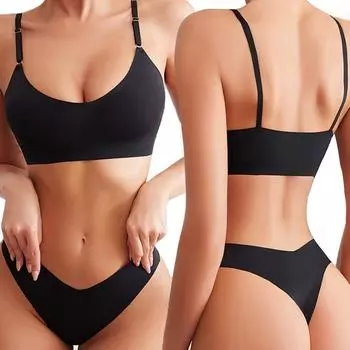 Женский комплект с бюстгальтером, цельное бесшовное нижнее белье из ледяного шелка, купальник, комплект бикини, сексуальный женский комплект нижнего белья M чёрный