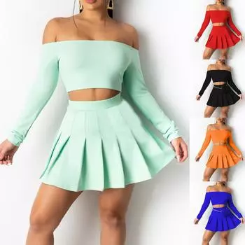 Женский комплект с длинным рукавом, однотонный повседневный наряд без бретелек, плиссированная юбка, костюм L чёрный