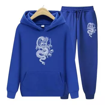 Женский комплект с капюшоном, осенне-зимние толстовки + брюки, комплект из двух предметов с принтом дракона, женские толстовки с капюшоном, спортивные костюмы, брюки для бега, плотная теплая одежда S