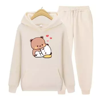 Женский комплект с капюшоном с длинными рукавами, толстовка с капюшоном Bubu и Dudu, Love Heart, эстетическая графика, Kawaii, Bubble Tea, аниме, толстовки, комплект с капюшоном S