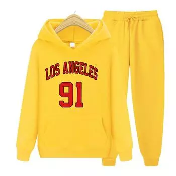 Женский комплект с капюшоном с длинными рукавами Лос-Анджелес 91, уличная одежда с буквами города США, уличная одежда, повседневные флисовые толстовки, комплект оверсайз S