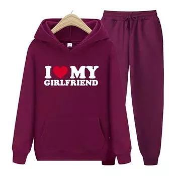Женский комплект с капюшоном с длинными рукавами, осенний женский комплект с капюшоном с принтом «Я люблю свою подругу и бойфренда», повседневный пуловер большого размера, одежда S