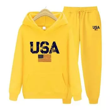Женский комплект с капюшоном с длинными рукавами, винтажный комплект с капюшоном с уличным принтом в виде флага США, повседневный комплект с капюшоном, одежда S