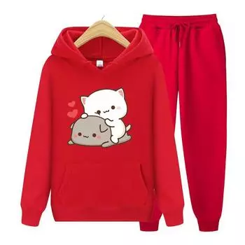 Женский комплект с капюшоном с длинными рукавами Kawaii Girl, комплект свитшотов в стиле аниме, негабаритный повседневный пуловер, милая пара, подарок на день Святого Валентина, комплект с капюшоном S