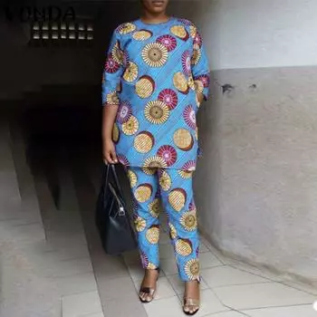 Женский комплект с круглым вырезом и рукавами 3/4, разделенный топ, свободные брюки с принтом, большие размеры 2XL синий