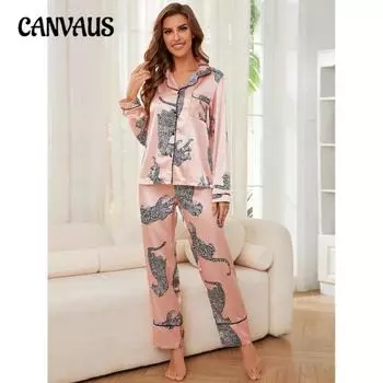 Женский комплект с леопардовым принтом, топ, брюки и пижама больших размеров S оранжевый