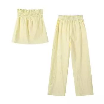 Женский комплект с открытыми плечами и открытой спиной, плиссированная блузка с высокой талией, широкие брюки, женский костюм, летняя женская уличная одежда 2025 года S жёлтый