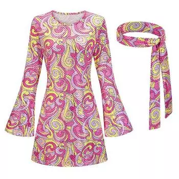 Женский комплект с повязкой на голову 1970-х годов, костюм для вечеринки на Хэллоуин, ролевая игра, косплей, диско-платье, длинный колокольчик M розовый