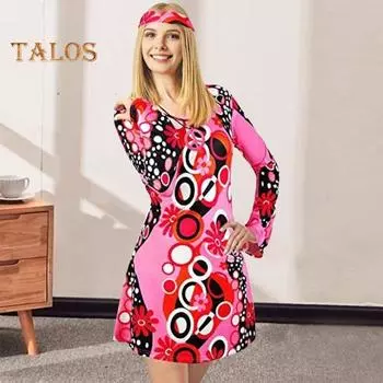 Женский комплект с повязкой на голову в стиле 1970-х годов, костюм для вечеринки на Хэллоуин, ролевая игра, косплей, платье для вечеринки в стиле диско, длинное платье-трапеция с цветным принтом и рукавами-колокольчиками M серебряный