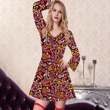 Женский комплект с повязкой на голову в стиле 1970-х годов, костюм для вечеринки на Хэллоуин, ролевая игра, косплей, платье для вечеринки в стиле диско, длинное платье-трапеция с цветным принтом и рукавами-колокольчиками M серебряный