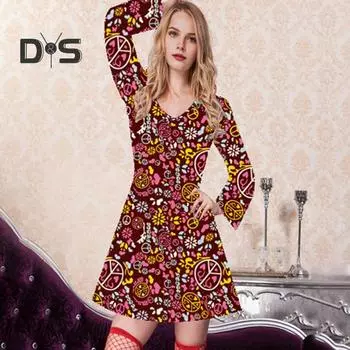 Женский комплект с повязкой на голову в стиле 1970-х годов, костюм для вечеринки на Хэллоуин, ролевая игра, косплей, платье для вечеринки в стиле диско, длинное платье-трапеция с цветным принтом и рукавами-колокольчиками M серебряный