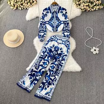 Женский комплект с принтом цвета селадона, взлетно-посадочная полоса, комплект брюк из двух предметов, весенне-осенняя модная рубашка с лацканами + брюки с высокой талией, винтажная офисная работа, 2 шт., наряды L синий