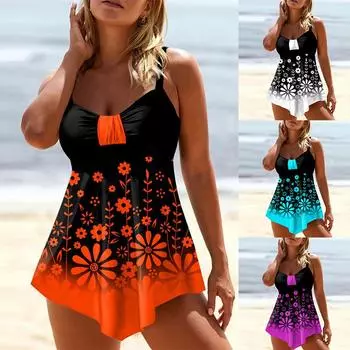 Женский комплект с принтом Купальник Купальники Купальный костюм Кусочки пляжной одежды Бикини Плюс размер S чёрный