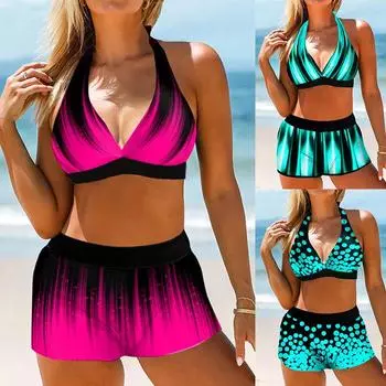 Женский комплект с принтом Купальник Купальники Купальный костюм Пляжная одежда Две части Бикини Плюс Размер S светло-синий