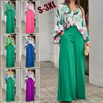 Женский комплект с принтом, модная элегантная рубашка с длинными рукавами с лацканами и широкие брюки с высокой талией, повседневный женский уличный костюм из двух частей XXXL