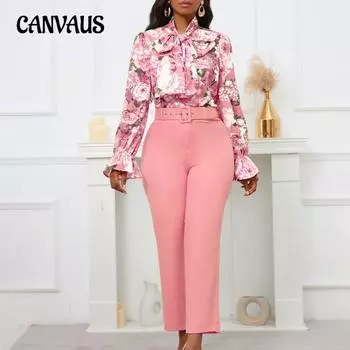 Женский комплект с рубашкой и брюками больших размеров, весенне-осенний модный галстук с принтом, топ с длинными рукавами, костюмные брюки с высокой талией, повседневный комплект брюк S жёлтый