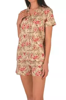 Женский комплект с шортами. Пижамный комплект с короткими рукавами и карманами на пуговицах. Хлопок из лайкры.