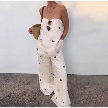 Женский комплект с топом и широкими штанинами и высокой талией в горошек, летний женский костюм без рукавов с открытой спиной и разрезом, 2025 г. S белый