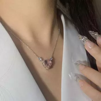 Женский комплект серег и ожерелья с розовым горным хрусталем в форме сердца, кулон из нержавеющей стали, украшение для шеи, ювелирные изделия, комплект ювелирных изделий для выпускного, свадебной вечеринки розовый