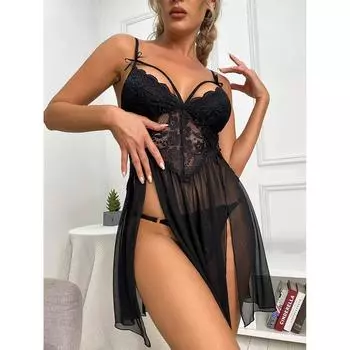 Женский комплект сексуального кружевного нижнего белья, ночная рубашка из двух частей с разрезом L чёрный