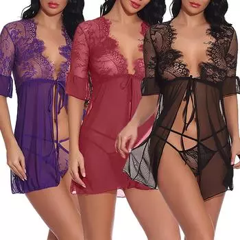 Женский комплект сексуального нижнего белья с ресницами Babydoll с открытой передней частью и цветочным кружевом, пижамная куртка L чёрный