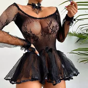 Женский комплект сексуального нижнего белья, прозрачное сетчатое кружевное мини-платье, ночное белье S