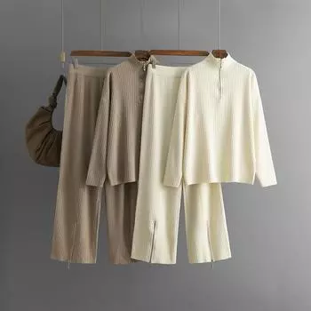 Женский комплект свитера из 2 предметов, трикотажные топы с застежкой-молнией на половину длины, широкие брюки, спортивный костюм, комплекты для отдыха, осенне-зимняя одежда, спортивный костюм для женщин one size fits all чёрный