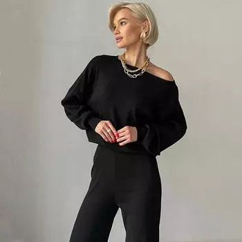Женский комплект свитера, комплект из 2 предметов, трикотажные свитера, топы, широкие брюки, спортивный костюм, комплекты для отдыха, осенне-зимняя одежда, спортивный костюм для женщин S чёрный