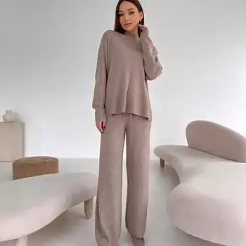 Женский комплект свитера, комплект из 2 предметов, трикотажные свитера, топы, широкие брюки, спортивный костюм, комплекты для отдыха, осенне-зимняя одежда, спортивный костюм для женщин S абрикосовый
