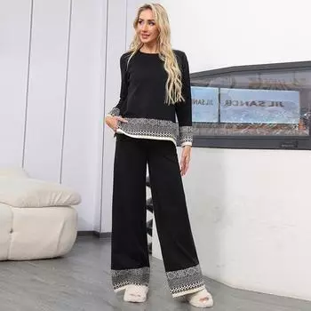 Женский комплект свитера, комплект из 2 предметов, трикотажные свитера, топы, широкие брюки, спортивный костюм, комплекты для отдыха, осенне-зимняя одежда, спортивный костюм для женщин S чёрный
