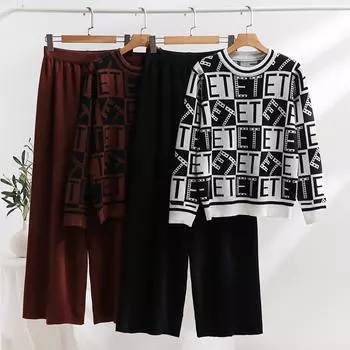 Женский комплект свитера, комплект из 2 предметов, трикотажные свитера, топы, широкие брюки, спортивный костюм, комплекты для отдыха, осенне-зимняя одежда, спортивный костюм для женщин S чёрный