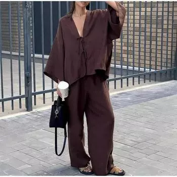 Женский комплект свободных брюк из чистого хлопка, повседневный однобортный топ с длинными рукавами, летний повседневный однотонный женский новый пляжный наряд S коричневый