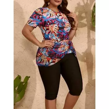 Женский комплект танкини Vacay, большой размер, тропический принт, круглый вырез, короткие рукава, топ и брюки-капри с накидкой, купальник из 3 предметов 0XL(12) жёлтый